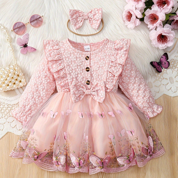 Baby Girl Autumn Dress - Butterfly Mesh Jacquard Outfit