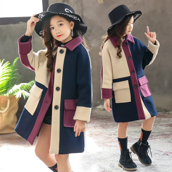 Girls' Patchwork Woolen Coat – Thick Warm Winter Trench Jacket