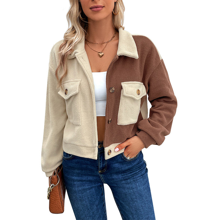 Amazon European And American Clothing  Autumn And Winter Hot Selling Color Block Jacket Lapel Short Jacket Polar Fleece Jacket