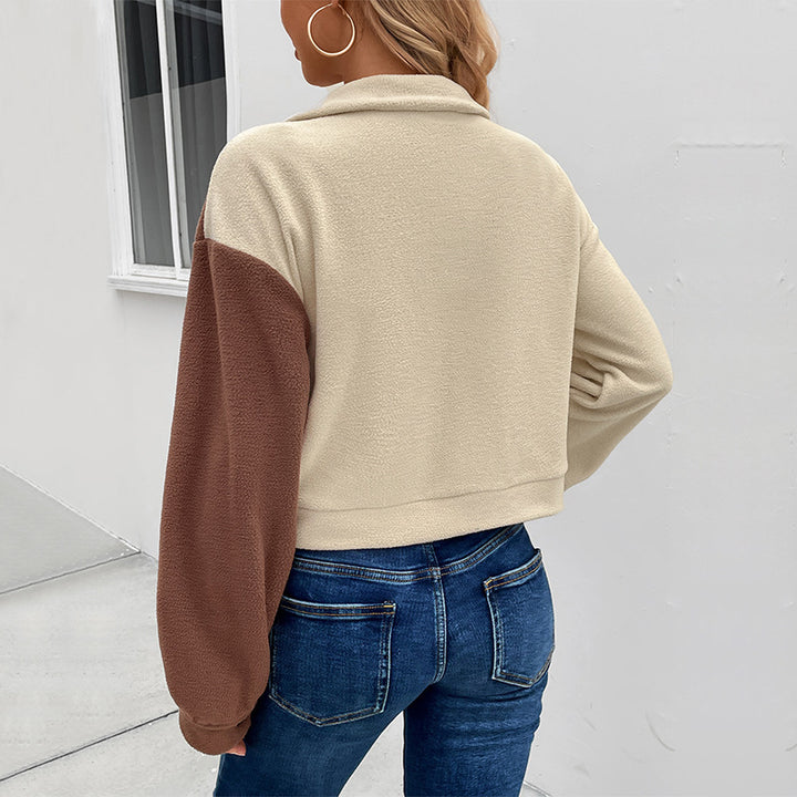 Amazon European And American Clothing  Autumn And Winter Hot Selling Color Block Jacket Lapel Short Jacket Polar Fleece Jacket