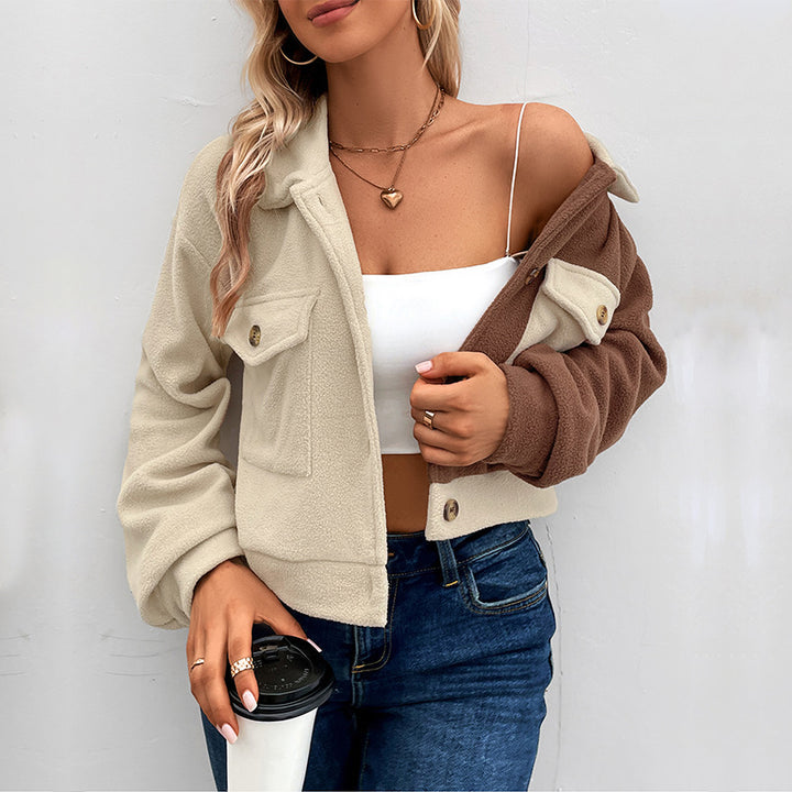 Amazon European And American Clothing  Autumn And Winter Hot Selling Color Block Jacket Lapel Short Jacket Polar Fleece Jacket