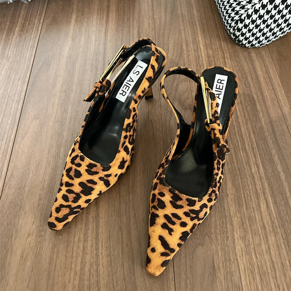 Leopard Pointed Toe High Heels Sandals