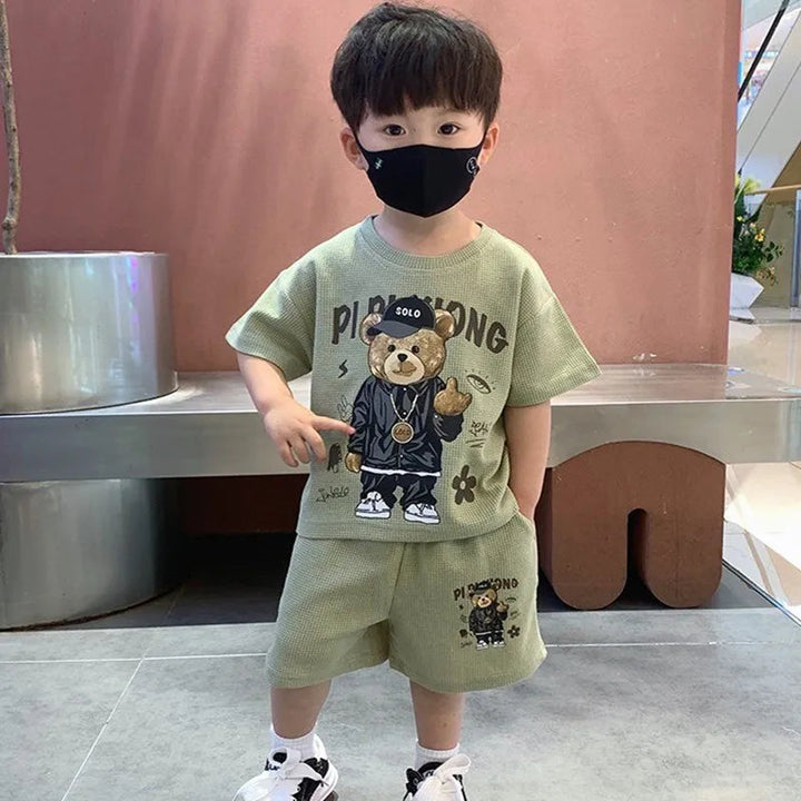 Korean Style T-shirt+Shorts 2-piece Clothes Sets 1-12 Y Kids Boys Fashion Handsome Cartoon Bear Summer Casual Sports Jersey Suit Robust Clothing Store