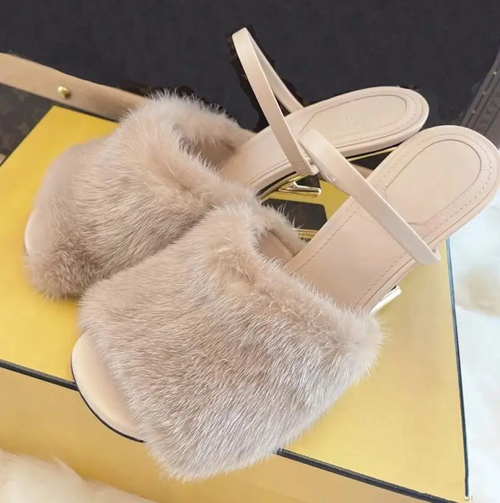 Fur Peep Toe Mule Heel Sandals