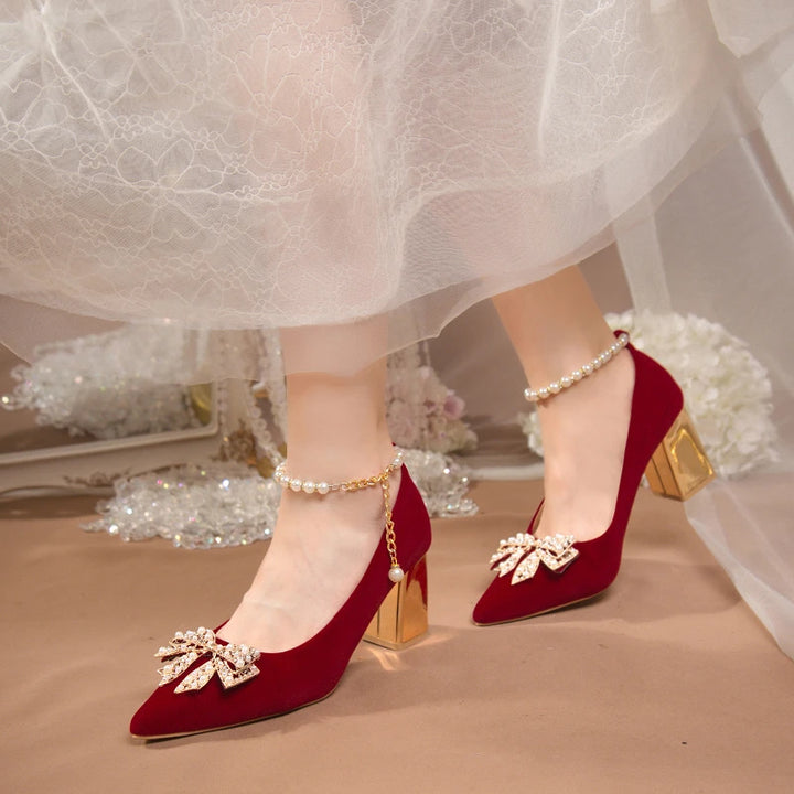 Red Pearl Bowknot String Bead High Heels Pumps - Party Shoes