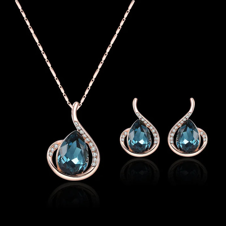 Elegant Waterdrop Rhinestone Jewelry 3pcs Set - Necklace & Hook Earrings 