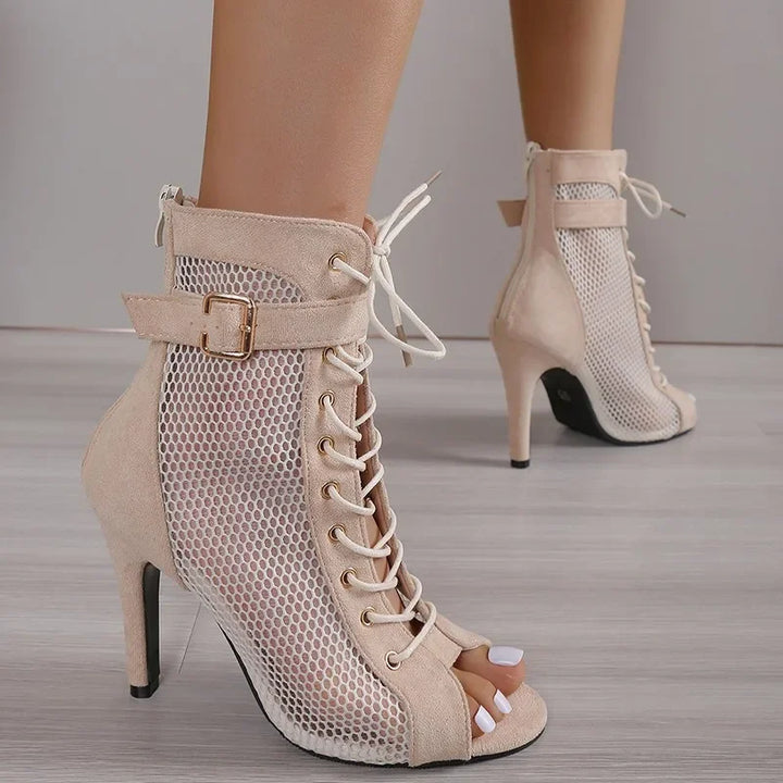 Mesh Lace-up Stiletto Booties Open Toe