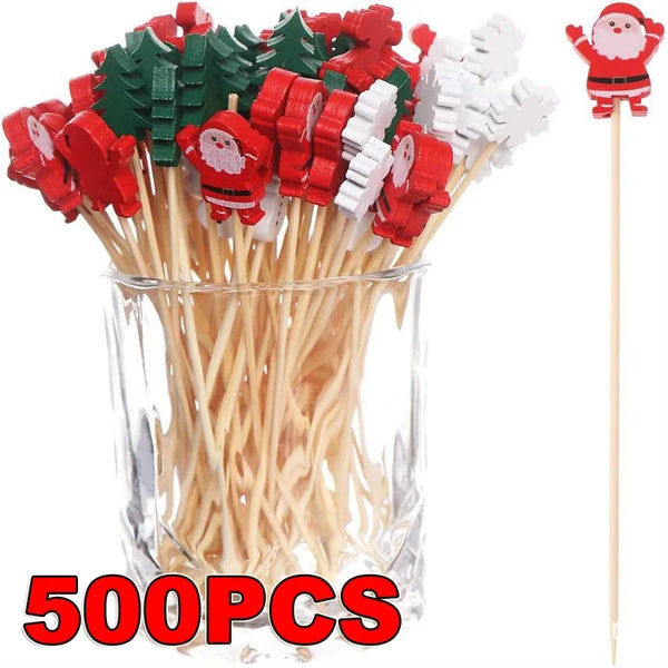 50Pcs Christmas Fruit Sticks - Disposable Bamboo Ornaments for Xmas Tree Decor