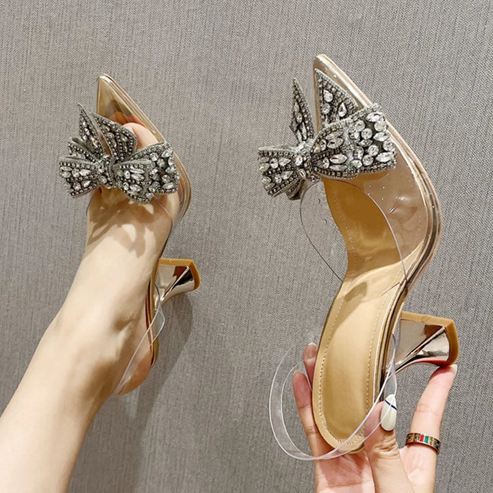 Crystal Sequined Bowknot Pointed Toe High Heel Pumps