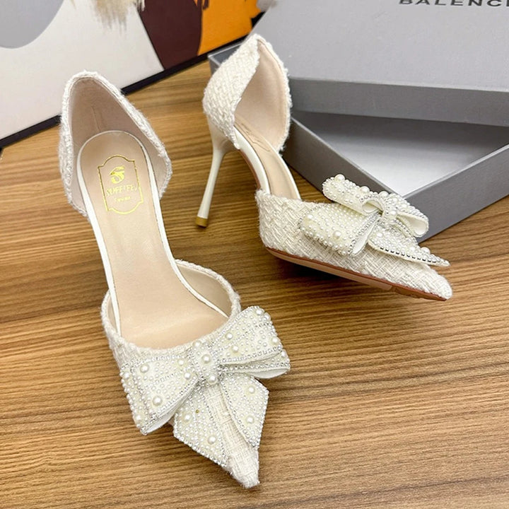 Luxury Designer Pearl Crystal Bowtie High Heel Pumps