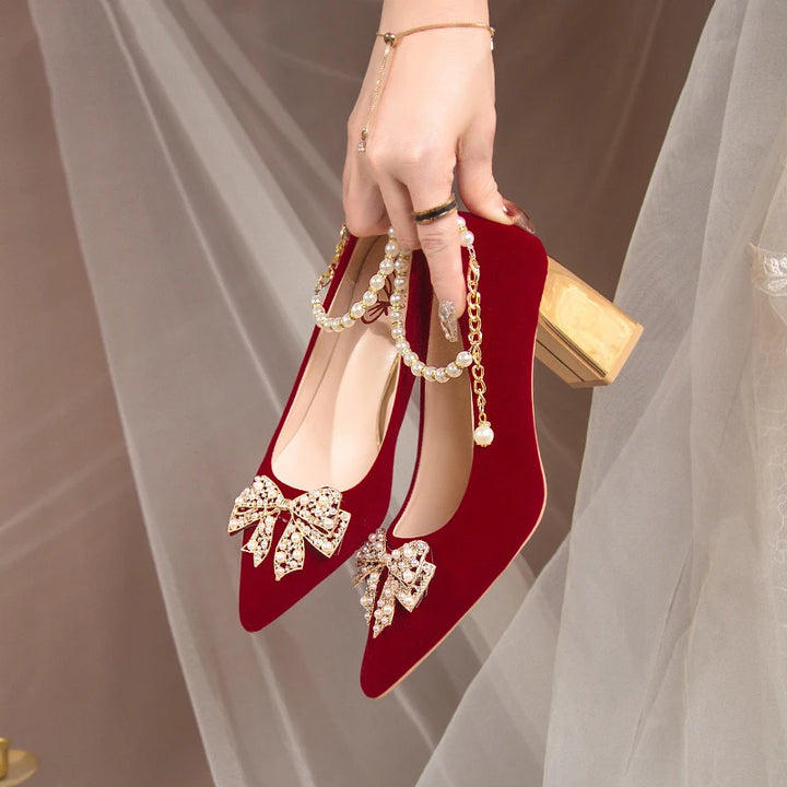 Red Pearl Bowknot String Bead High Heels Pumps - Party Shoes