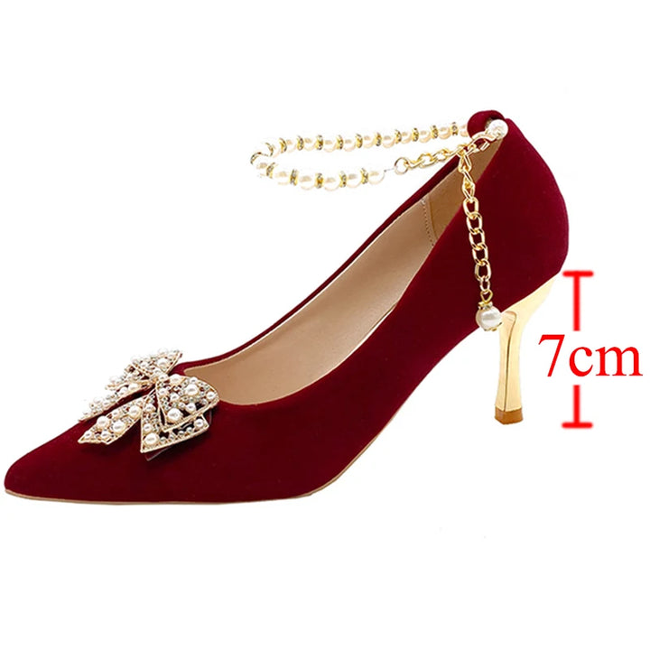 Red Pearl Bowknot String Bead High Heels Pumps - Party Shoes