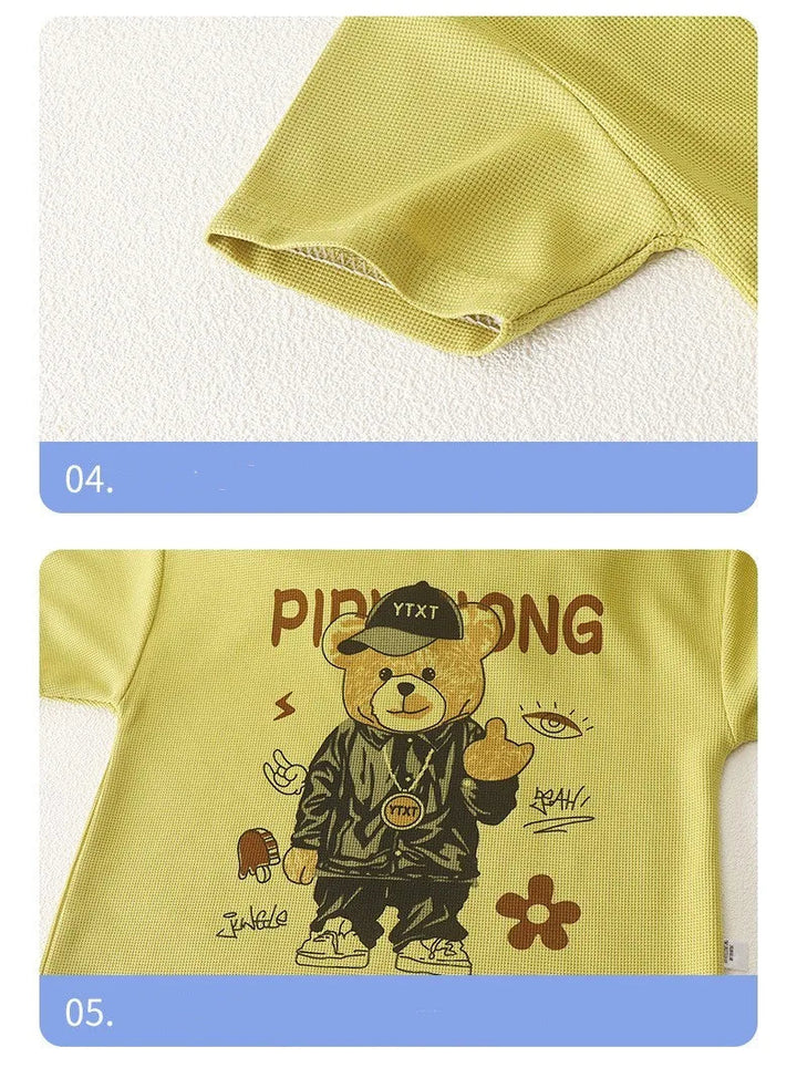 Korean Style T-shirt+Shorts 2-piece Clothes Sets 1-12 Y Kids Boys Fashion Handsome Cartoon Bear Summer Casual Sports Jersey Suit Robust Clothing Store