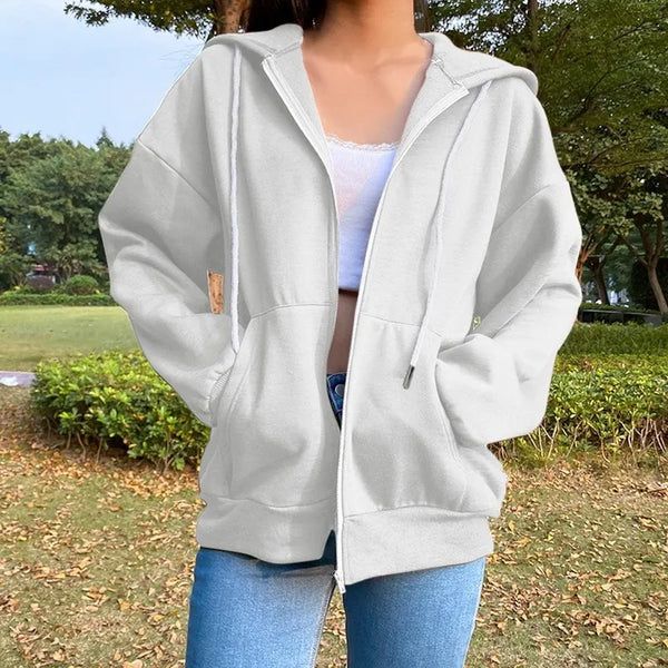 Sweatshirt Gray Women Solid Zip Up Tops Long Sleeves Hoodie