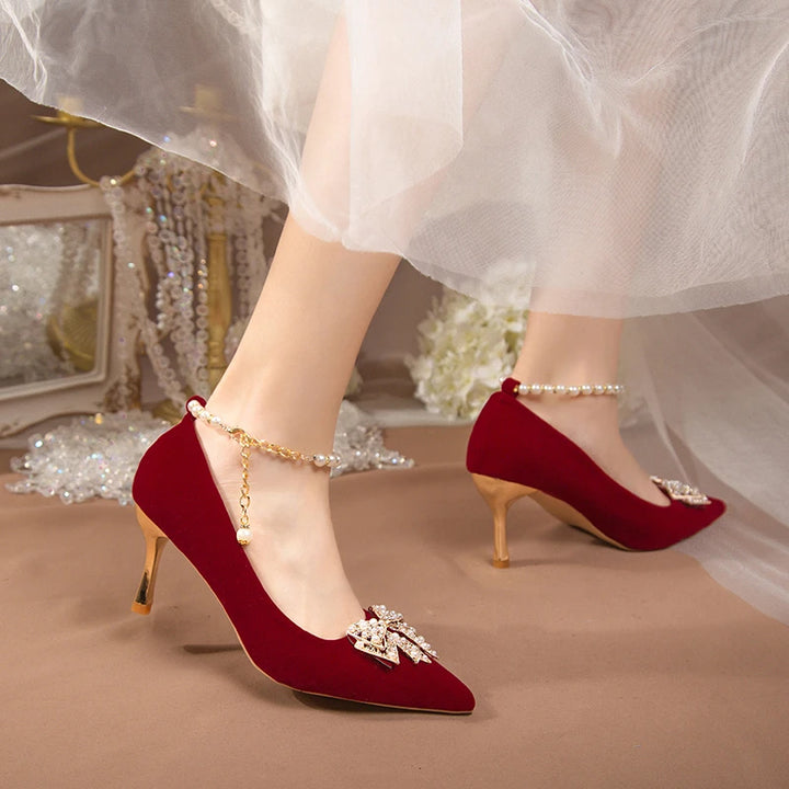 Red Pearl Bowknot String Bead High Heels Pumps - Party Shoes