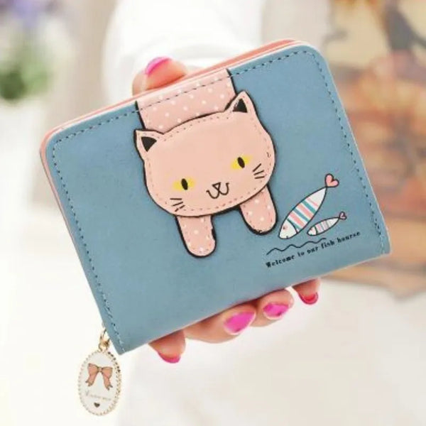 Cute Cat Small Zipper Girl Wallet, Brand-Designed Pu Leather