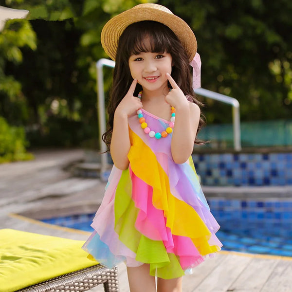 Girls’ Summer Rainbow Stripe Chiffon Princess Dress - Formal Vest Prom Attire