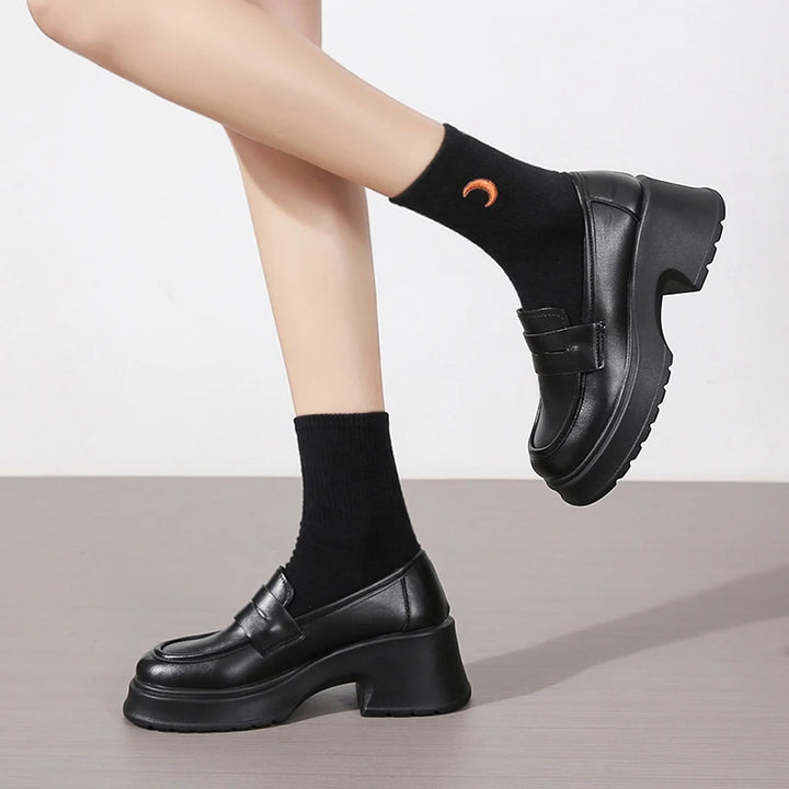 Leather Platform Thick Heels penny Loafers