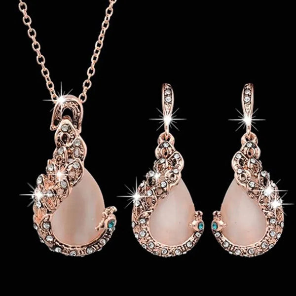 Elegant Waterdrop Rhinestone Jewelry 3pcs Set - Necklace & Hook Earrings 