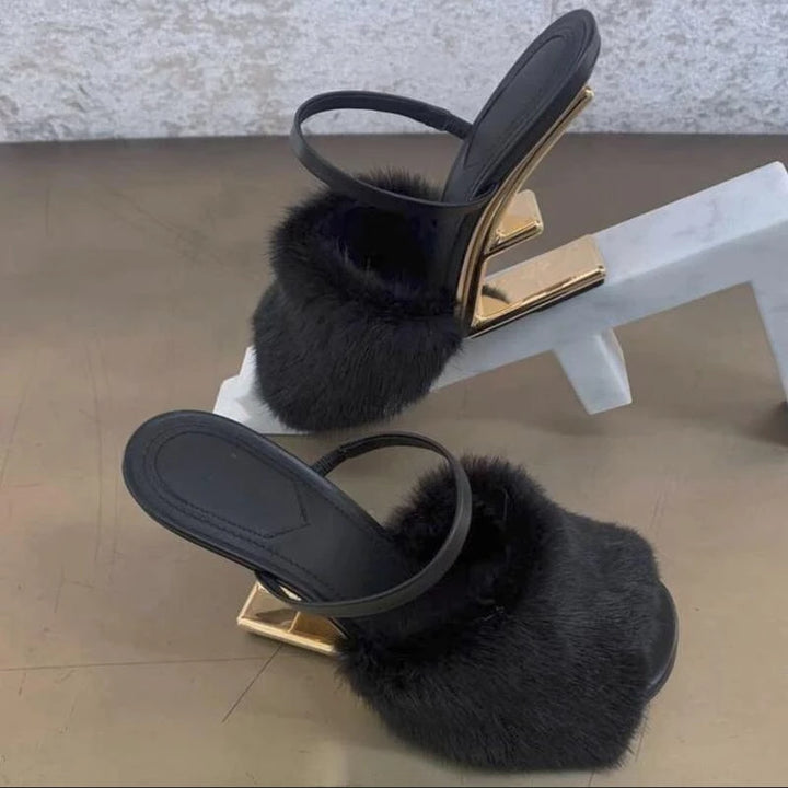 Fur Peep Toe Mule Heel Sandals