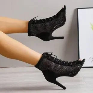 Mesh Lace-up Stiletto Booties Open Toe