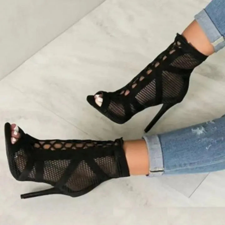 Mesh Lace-up Stiletto Booties Open Toe