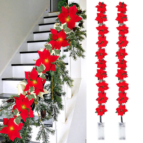Poinsettia Garland Lights - Xmas Tree Ornaments - Indoor/Outdoor Decor Navidad