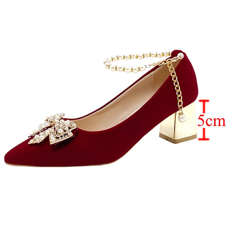 Red Pearl Bowknot String Bead High Heels Pumps - Party Shoes