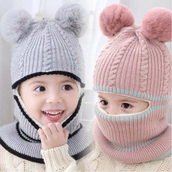 Children's Knitted Woolen Beanie Hat with Scarf Cover