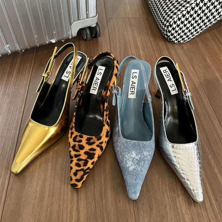 Leopard Pointed Toe High Heels Sandals