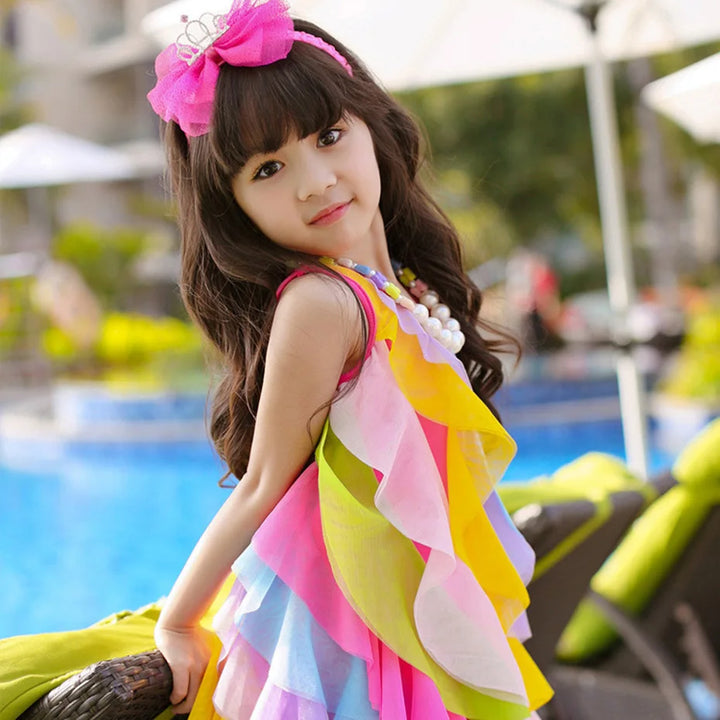 Girls’ Summer Rainbow Stripe Chiffon Princess Dress - Formal Vest Prom Attire