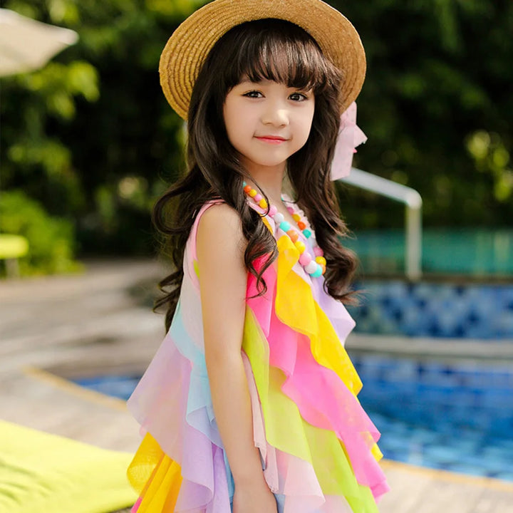 Girls Summer Rainbow Stripe Chiffon Princess Dress - Formal Vest Prom Attire