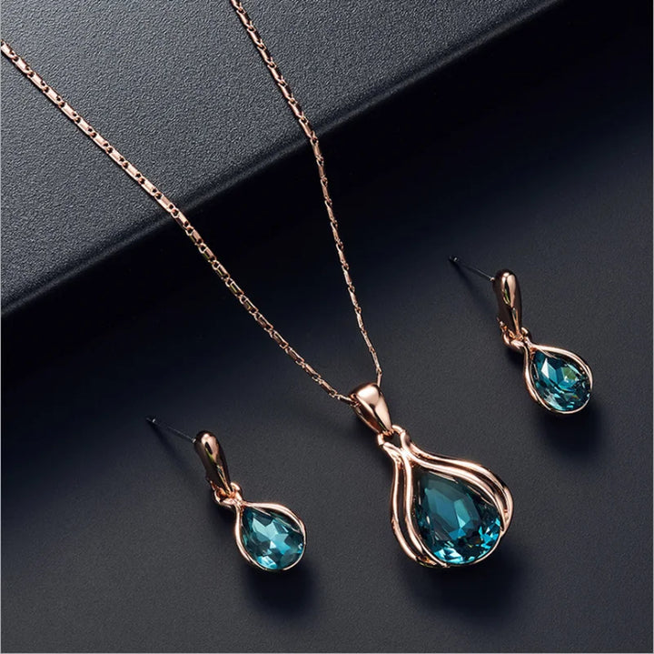 Elegant Waterdrop Rhinestone Jewelry 3pcs Set - Necklace & Hook Earrings 