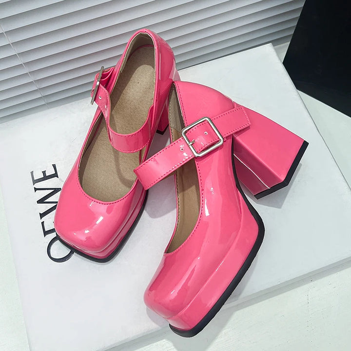 Super High Thick Heel Square Toe Platform Pumps