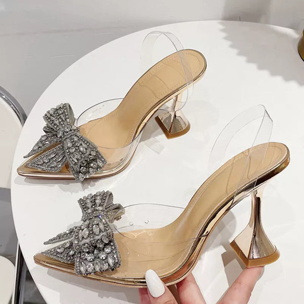 Crystal Sequined Bowknot Pointed Toe High Heel Pumps