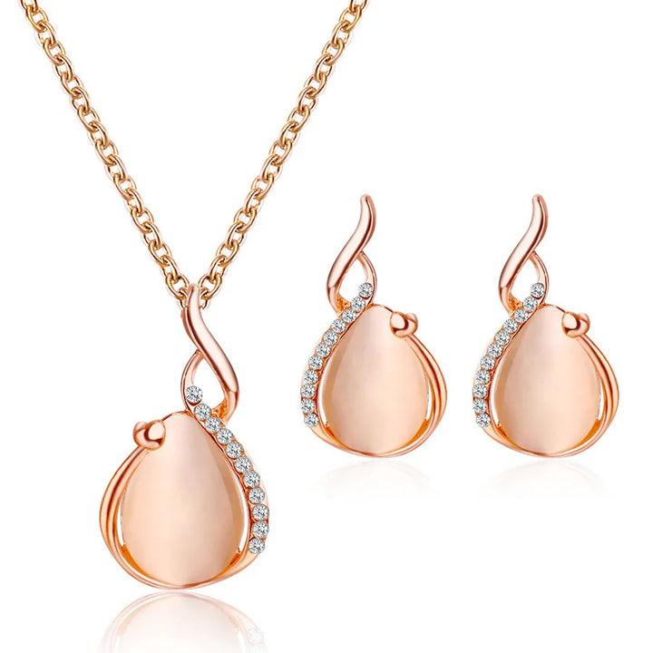 Elegant Waterdrop Rhinestone Jewelry 3pcs Set - Necklace & Hook Earrings 