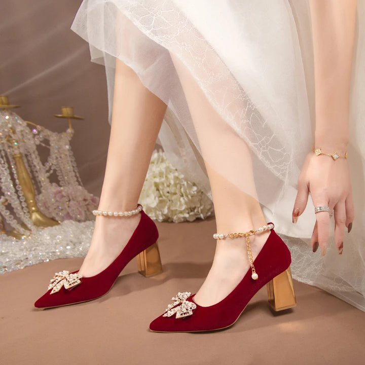 Red Pearl Bowknot String Bead High Heels Pumps - Party Shoes