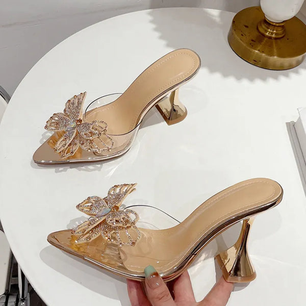 Transparent Crystal Bowknot Pointed Toe High Heels Sandals