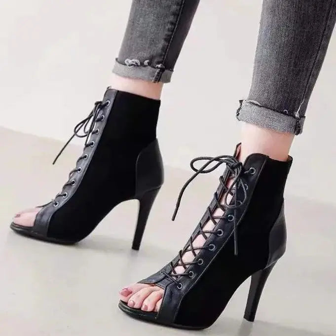 Mesh Lace-up Stiletto Booties Open Toe