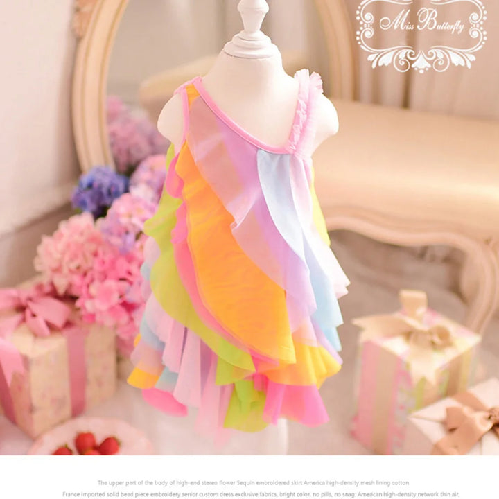 Girls Summer Rainbow Stripe Chiffon Princess Dress - Formal Vest Prom Attire