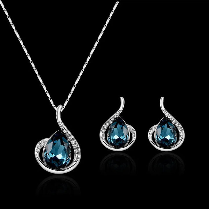 Elegant Waterdrop Rhinestone Jewelry 3pcs Set - Necklace & Hook Earrings 