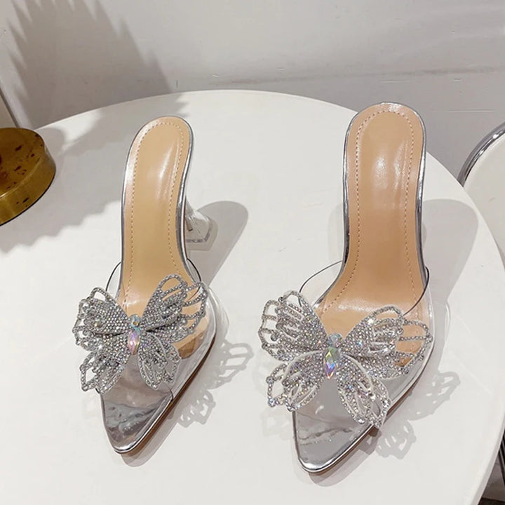 Transparent Crystal Bowknot Pointed Toe High Heels Sandals