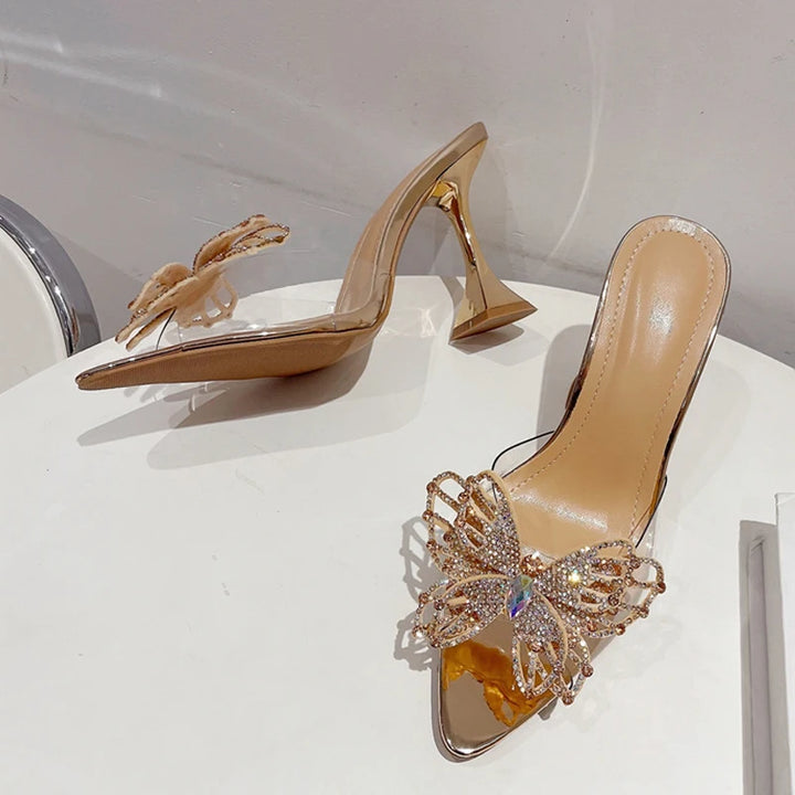 Transparent Crystal Bowknot Pointed Toe High Heels Sandals