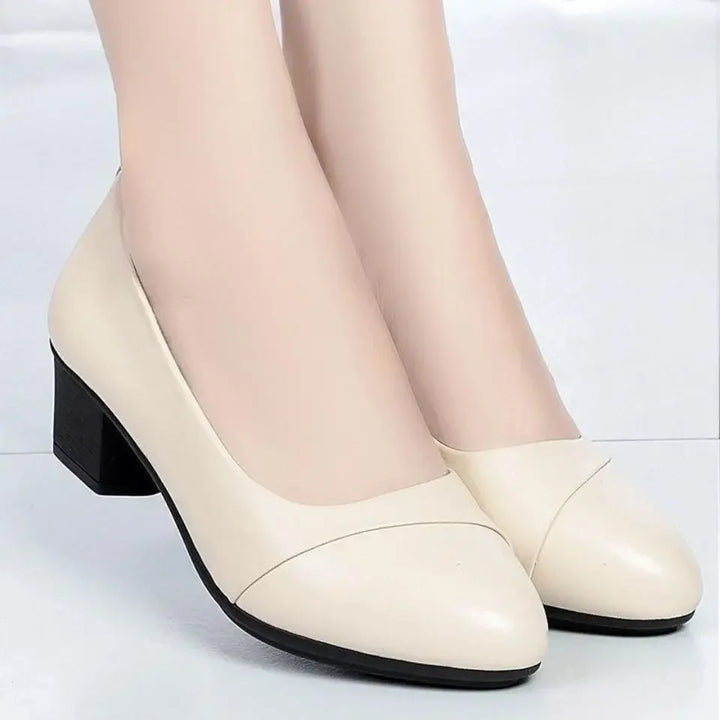 Pointed Toe Leather Mid Heel Pumps