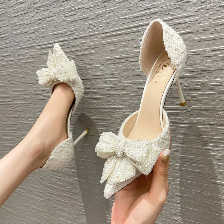 Luxury Designer Pearl Crystal Bowtie High Heel Pumps