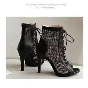 Mesh Lace-up Stiletto Booties Open Toe