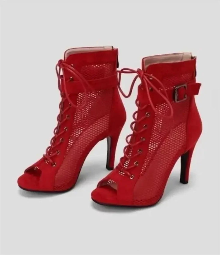 Mesh Lace-up Stiletto Booties Open Toe