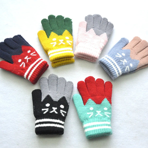 Cute Children Thickened Warm Knitted Gloves - Cat Mittens for 6-11Y Students