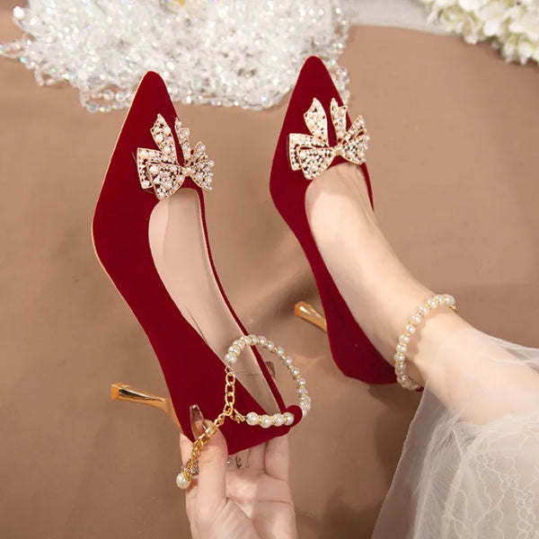 Red Pearl Bowknot String Bead High Heels Pumps - Party Shoes