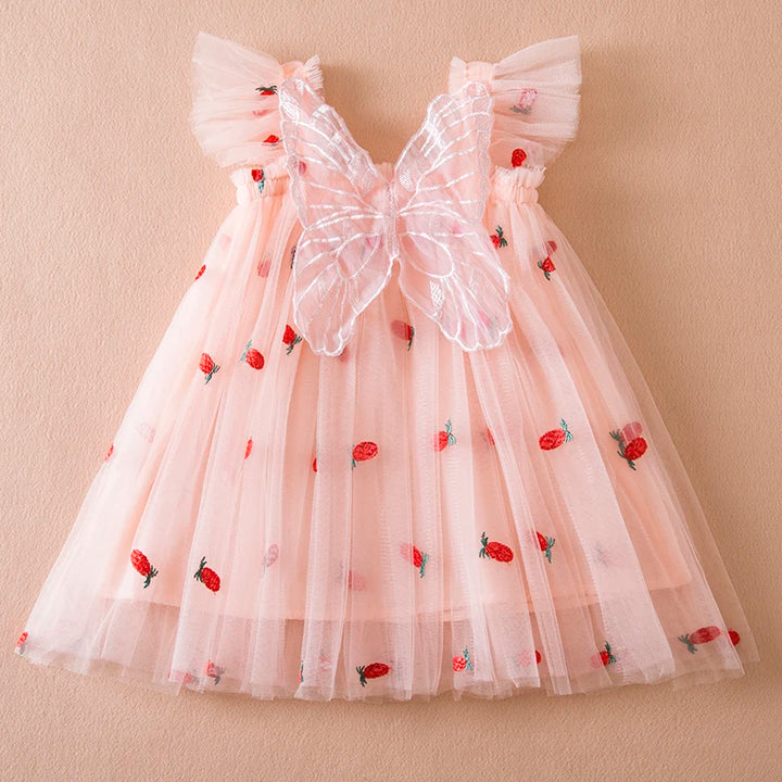 Summer Princess Dress for Girls - Strawberry Embroidery- Kids Clothing